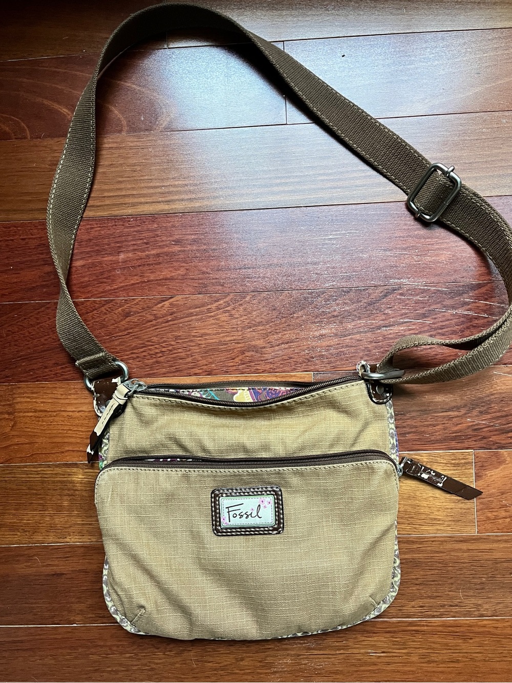 Fossil Tan Canvas Messenger Crossbody with Printed Trim